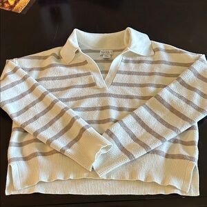 Nicole Miller White Beige Striped Long Sleeve Knit V Neck Polo Sweater Medium